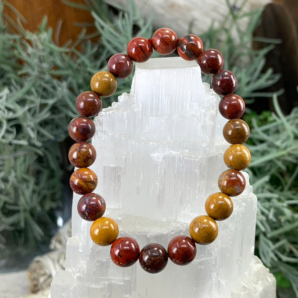 Pulsera Mala Red Earth de jaspe Mookaite con bolsa de terciopelo