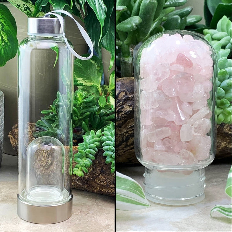 WWW - PRICING - Rose Quartz Mini Gemstone Pod Crystal Water Bottle - water