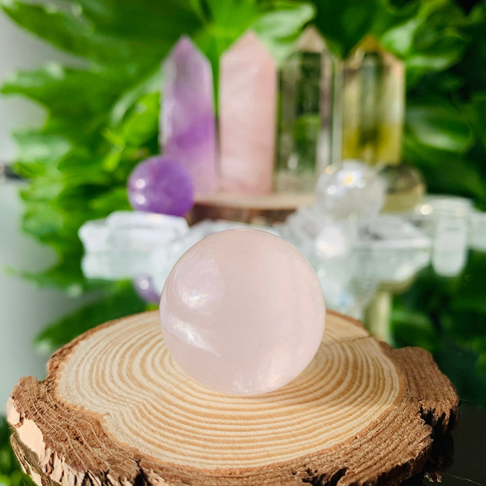 A pale pink rose quartz sphere resting on a wood slice, with other crystals behind it as styling