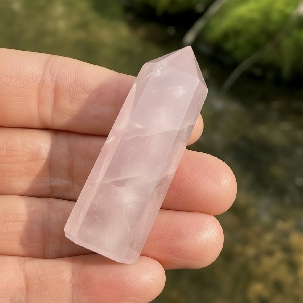 A pale pink rose quartz mini crystal point resting across the fingers of an open hand