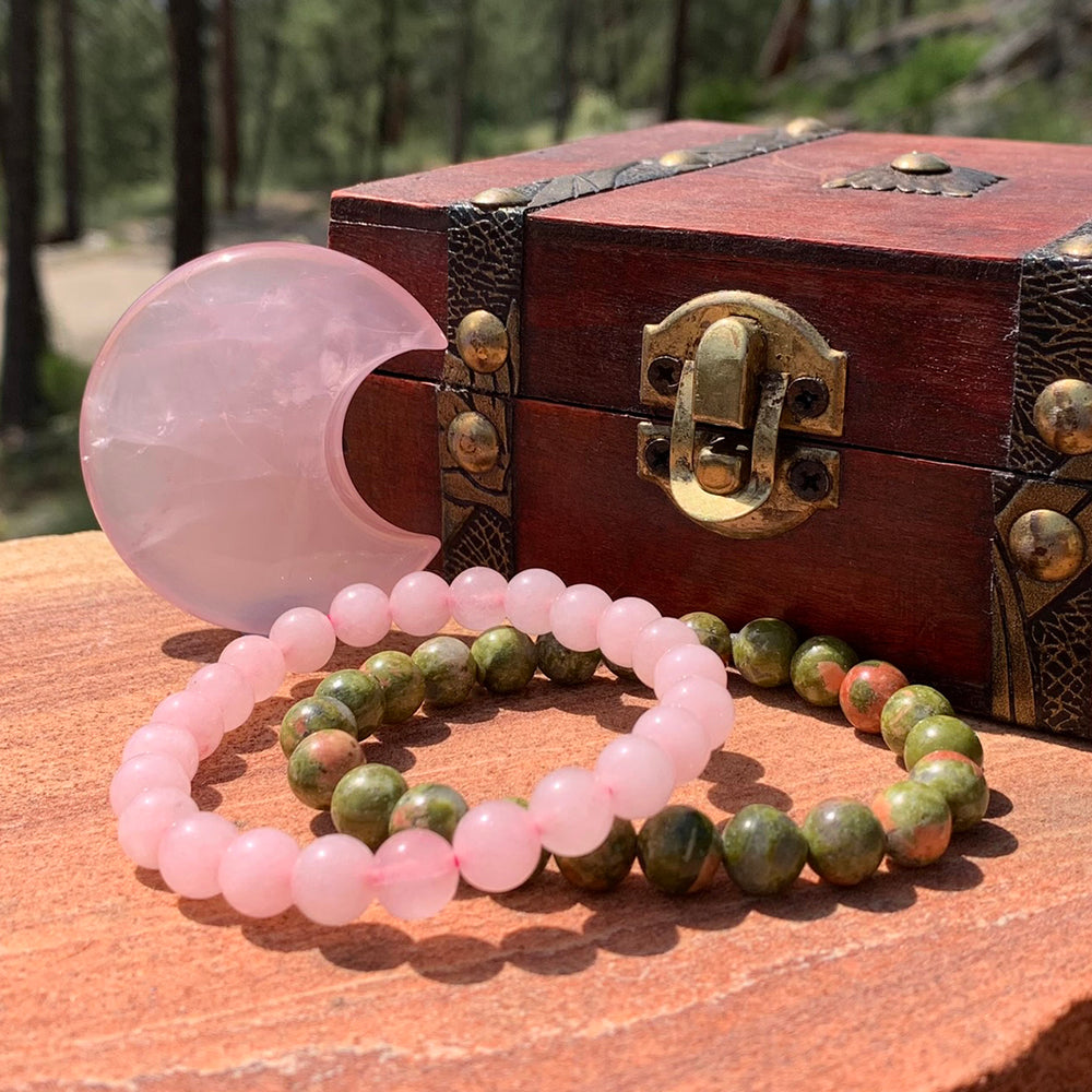 Rose Quartz Crescent Moon Shape + Mala Bracelets Gift Set – Spirit