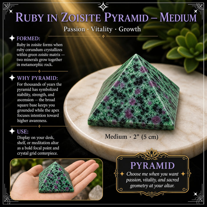 Medium ruby in zoisite pyramid on a marble dish, with an inset of it resting in an open hand