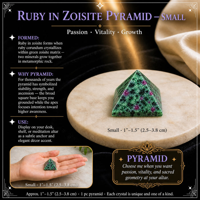 Small ruby in zoisite pyramid on a marble dish, with an inset of it resting in an open hand