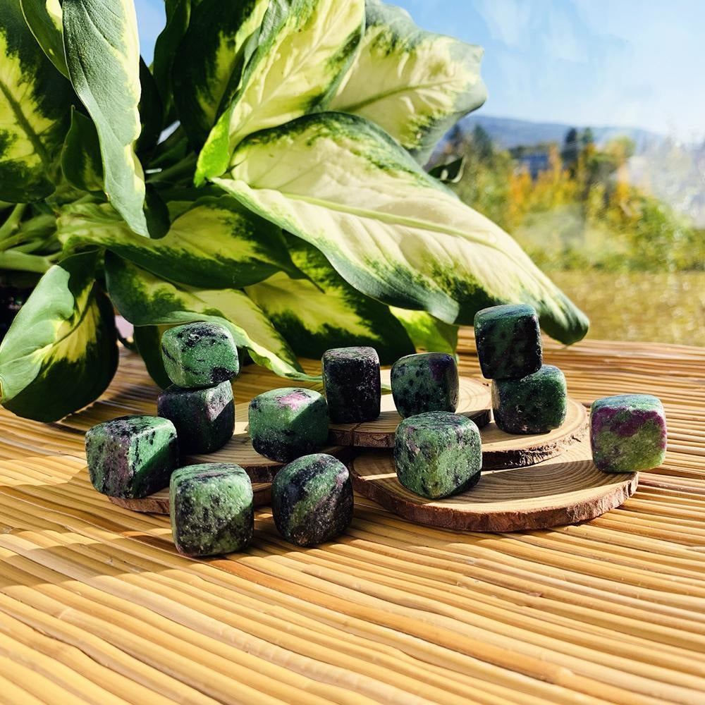 A group of ruby in zoisite tumbled cubes, green with black webbing and pink-red patches, on wood slices beside a leafy plant