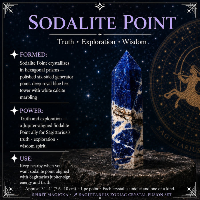 Six-sided polished sodalite point in royal blue with white marbling, standing on a dark stone