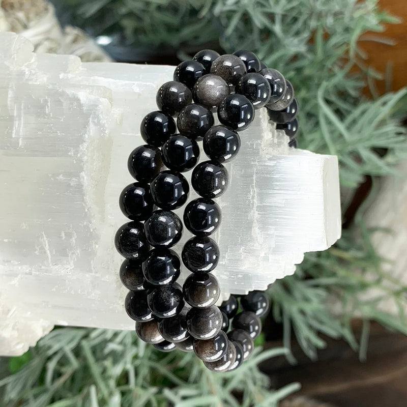 Pulseira Mala Prata Obsidiana com Bolsa de Veludo