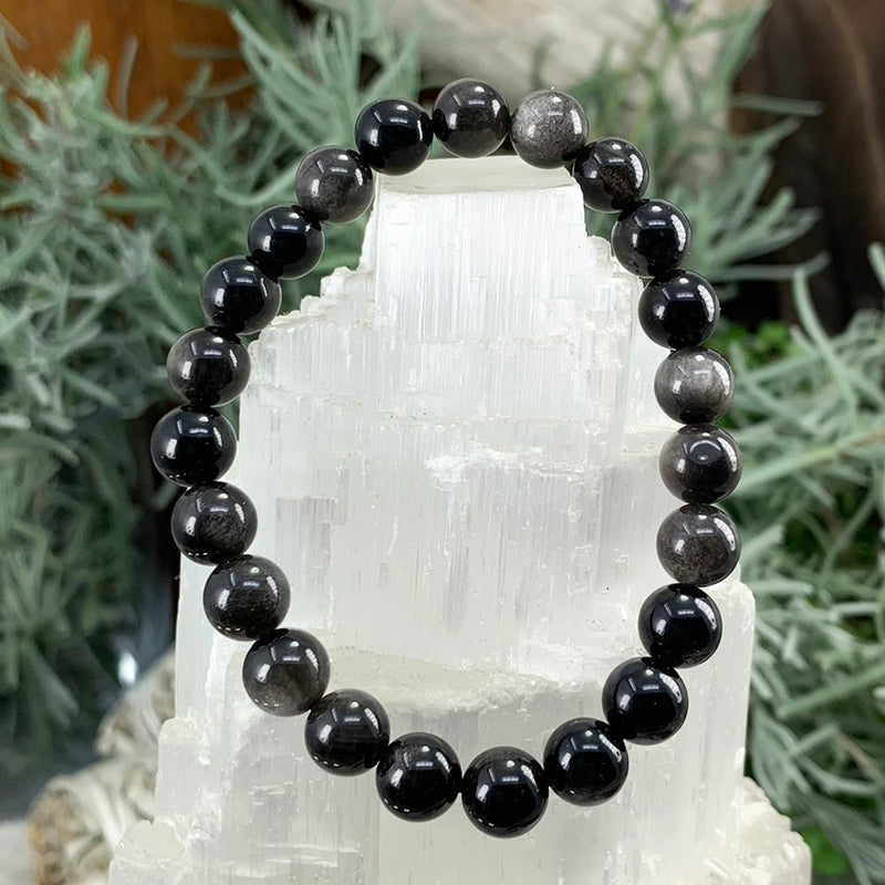 Pulseira Mala Prata Obsidiana com Bolsa de Veludo