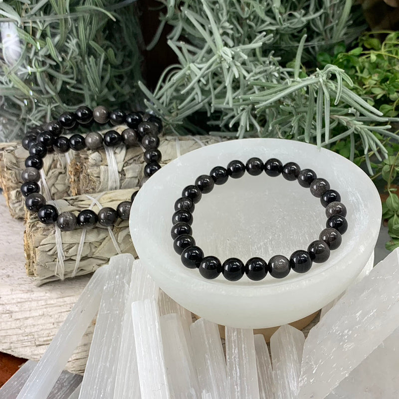 Mala sølv obsidian armbånd med fløyelspose