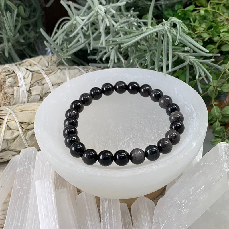 Pulseira Mala Prata Obsidiana com Bolsa de Veludo