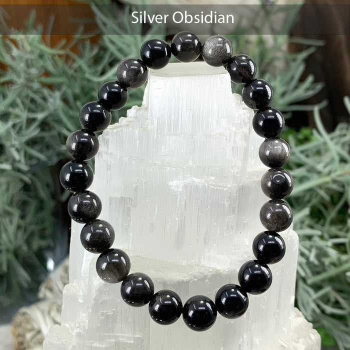 Silver obsidian bead bracelet with a silver-gray sheen