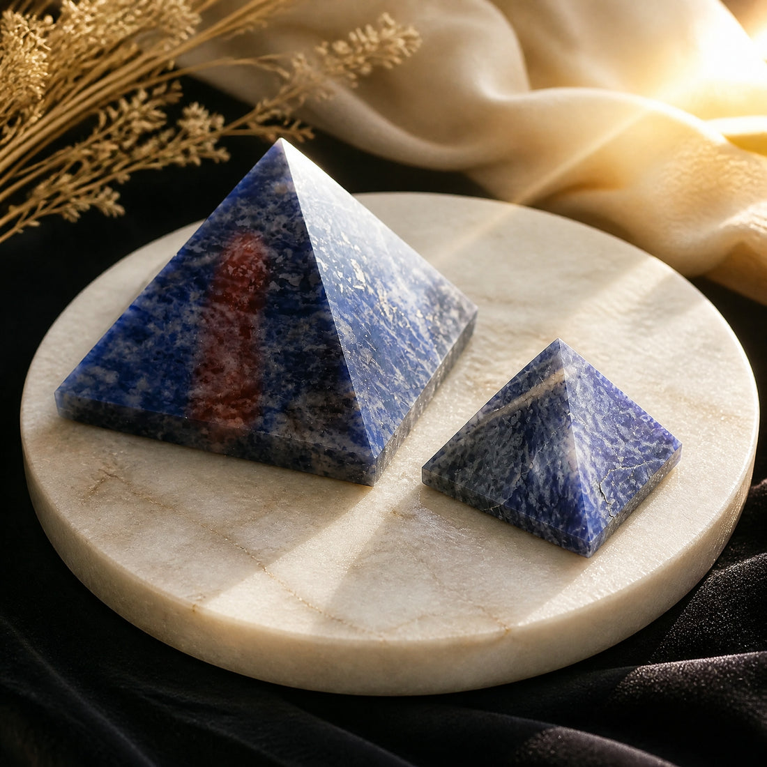 A medium and a small sodalite pyramid on a marble dish, deep blue stone mottled with white veins