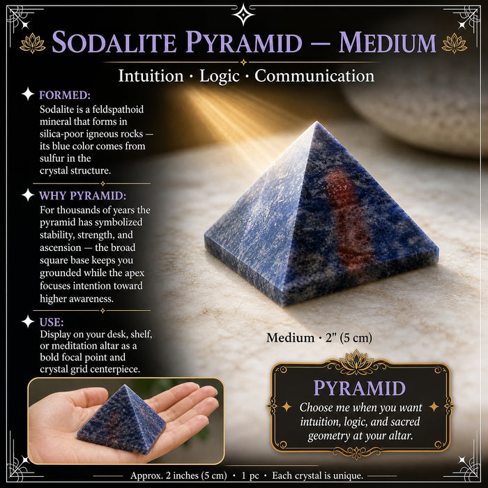 Medium sodalite pyramid on a marble surface, with an inset of it resting in an open hand