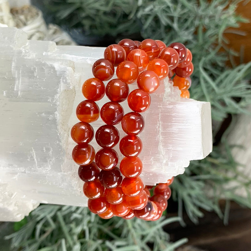 Pulsera Mala De Ágata Roja A Rayas Con Bolsita De Terciopelo