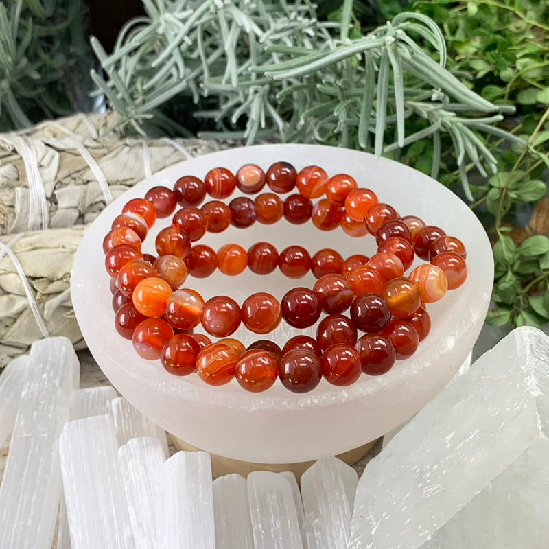 Pulsera Mala De Ágata Roja A Rayas Con Bolsita De Terciopelo