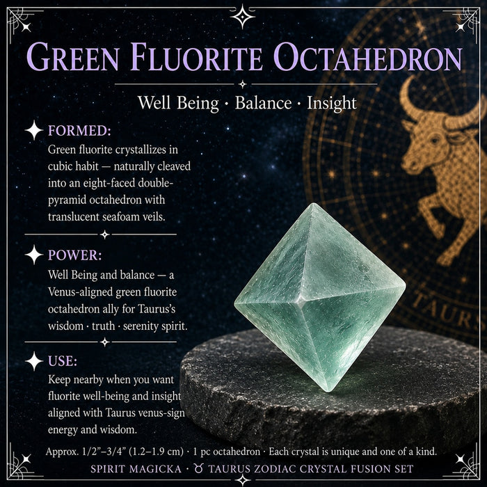 Translucent seafoam-green fluorite octahedron with eight faces