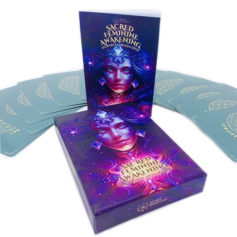 🌙 Deck Oracle d'éveil féminin sacré et ensemble de 13 compagnons de cristal