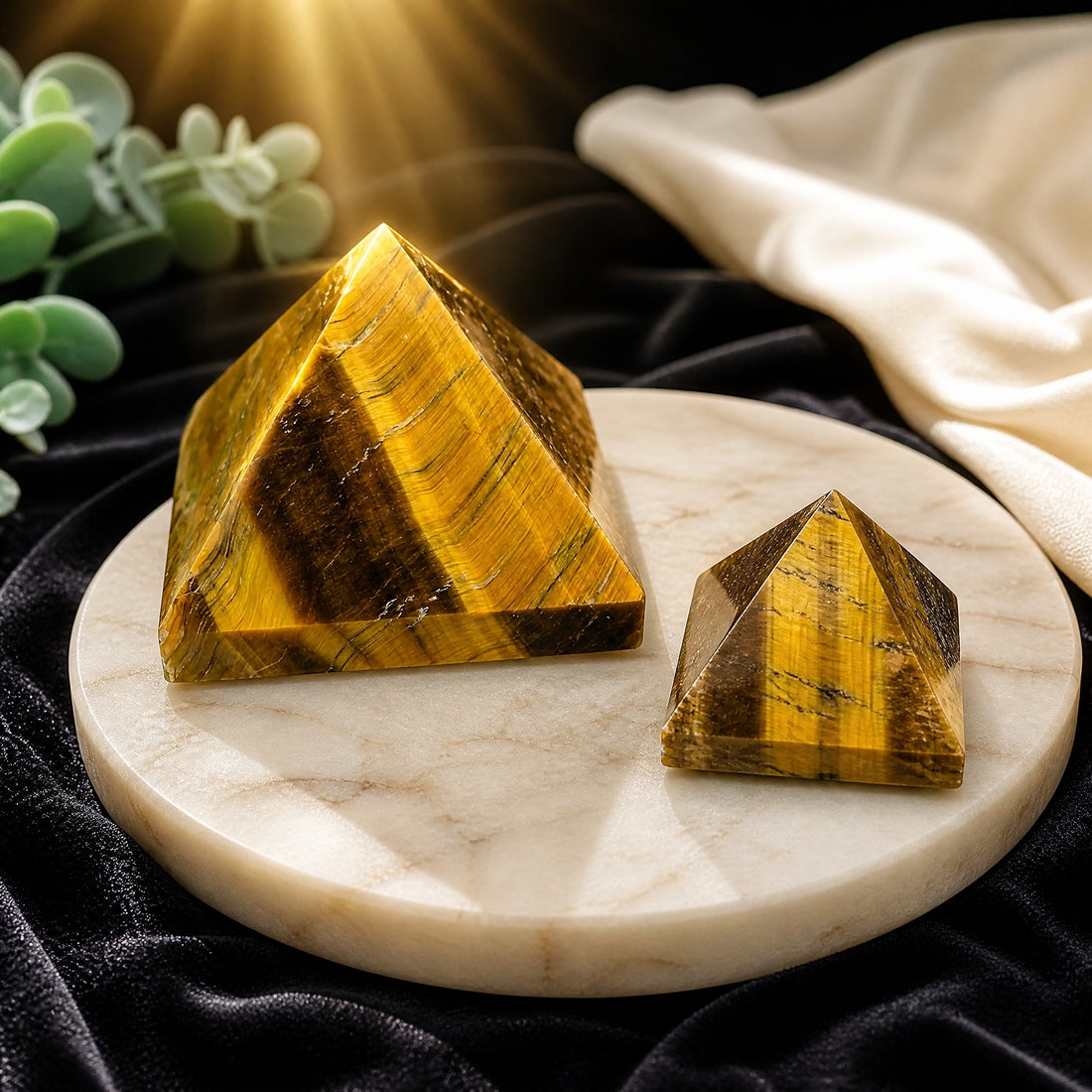 A medium and a small tiger's eye pyramid side by side on a round marble board