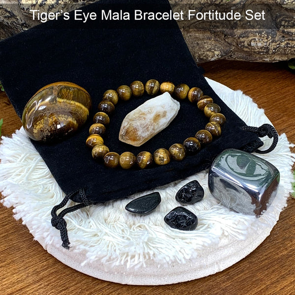 Tiger's Eye Mala Armbånd Fortitude Pouch Sæt