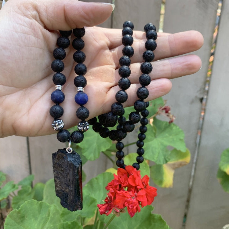 Tourmaline Pendant with Lava Bead Necklace - 100 cm