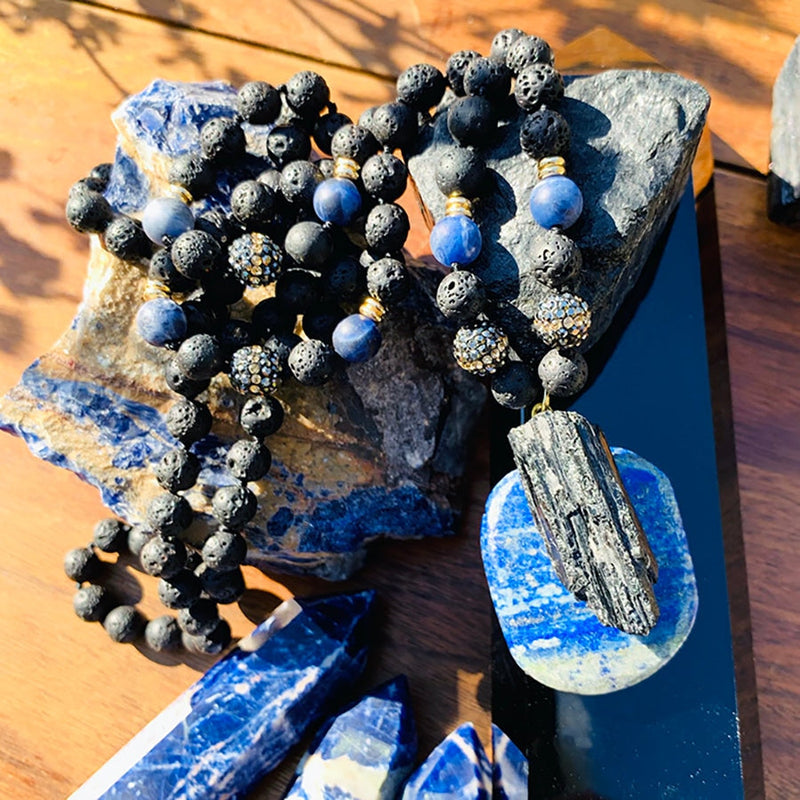 Tourmaline Pendant with Lava Bead Necklace - 108 beads