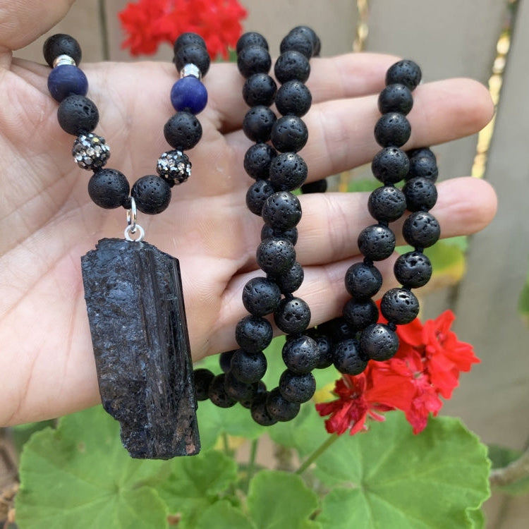 Tourmaline Pendant with Lava Bead Necklace
