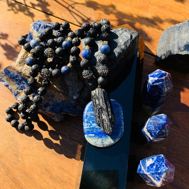 Tourmaline Pendant with Lava Bead Necklace