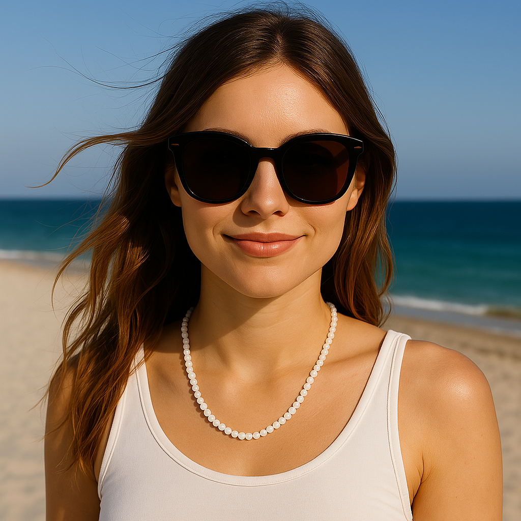 A smiling woman in sunglasses and a white tank top wearing the white jade bead necklace on the beach