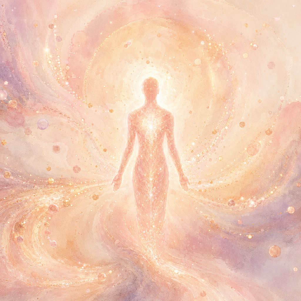 A rose-gold silhouette glowing with open-hearted magnetism, love energy flowing toward her unobstructed.
