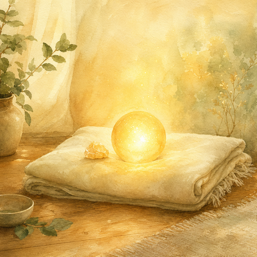 A serene reclining figure with golden warmth radiating from chest and crown, a small citrine resting beside them on cream linen.