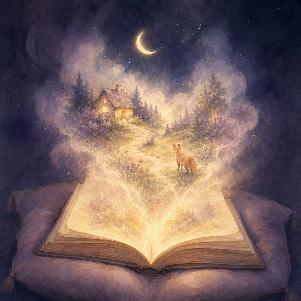An open storybook with dream-vapor scenes drifting upward.
